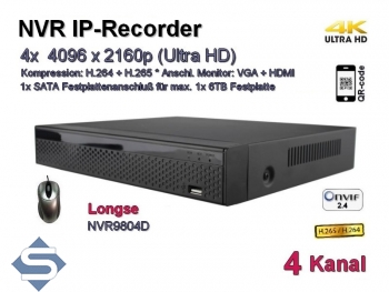 NVR IP-Kamera Recorder, H.265 / H.264, Onvif, 4x max. 4096x2160 Ultra-HD/4K, Modell: NVR9804D