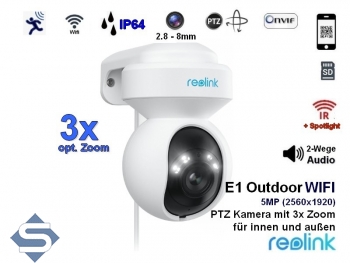 REOLINK E1 Outdoor WIFI, 3-fach opt. Zoom, Dualband-WLAN 2,4/5GHz, Indoor + Outdoor, 5MP (2560x1920), PTZ 355 / 50, 12m Infrarot + farbige Nachtsicht, 2 Wege Audio, Auto Tracking, IP berwachungskamera