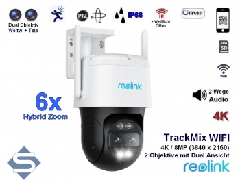REOLINK TrackMix WIFI, 6x Hybrid Zoom, 2,4/5GHz WLAN, Dual Objektiv, Outdoor, 4K / 8MP (3840 x 2160), PTZ 355 / 90, 30m Infrarot + farbige Nachtsicht, 2 Wege Audio, Auto Tracking, IP berwachungskamera